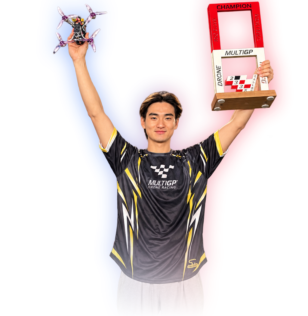 MinChan MCK Kim celebrating his third MultiGP Championship with drone and trophy